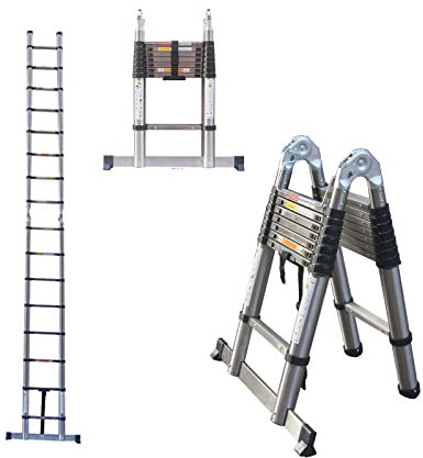 Stainless Steel 5m Telescopic Ladder - 2.5m + 2.5m Extension, Multi-Use for Roof Work, Decorating, Painting