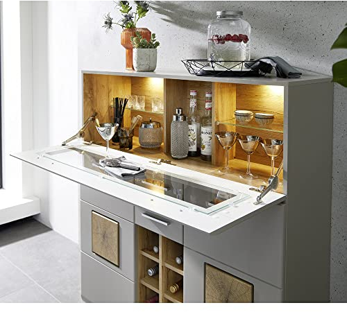 Lomadox Barschrank Hausbar Weinschrank Minibar in Basalt mit Eiche Hirnholz Nb., B/H/T: ca. 120/129/37 cm
