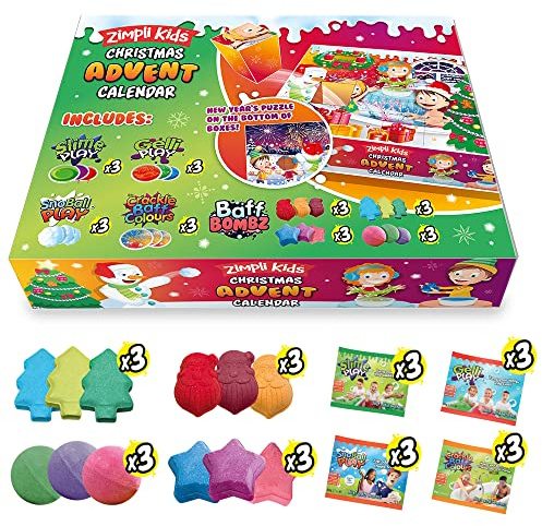 ZIMPLI - Christmas Advent Calendar, 24 Quality Gifts, Xmas Countdown Present for Children, Bath Bombs, Slime Play, Gelli, Snoball & Crackle Baff, Multi