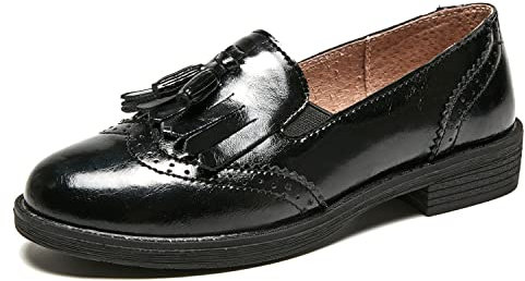 TRULAND Women's Penny Loafers Slip On Leather Wingtip Tassel Oxford Shoes (CN 40/6.5 UK,All Black)