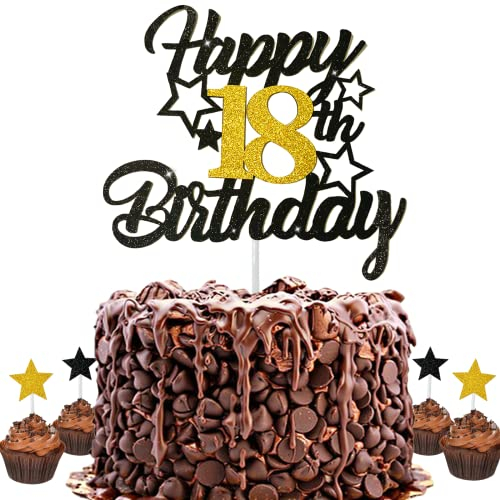 Dargds Tortendeko 18 Geburtstag Mädchen Junge,Happy 18th Birthday Tortendeko Sterne Gold mit Schwarzes,18th Sterne Kuchendeko Cake Topper Tortenaufsätze für 18 Geburstagstorte Deko Jungen Mädchen