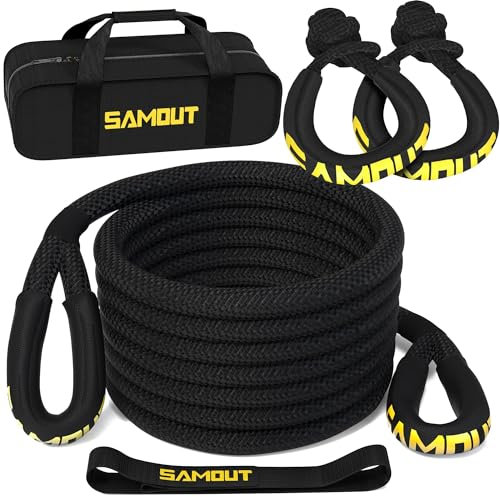 SAMOUT Kinetic Recovery Rope (48000Lbs 1in x 20ft) + 2PCS Synthetic Soft Shackle, Extreme Duty 30% Elasticity Energy Snatch Strap for 4x4 Offroad Vehicle