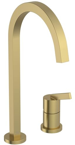 Ideal Standard – Gusto 2-Loch Küchenarmatur, Hoher Auslauf mit quadratischem Querschnitt, mit FirmaFlow Kartusche, Schwenkbereich 360°, Schaftverschraubung von unten, Brushed Gold