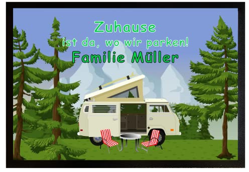 Fußmatte mit Namen personalisiert für Camper - 50x35 cm - Zuhause ist da, wo wir parken - Camping - Motiv Campervan- Geschenk für Camper