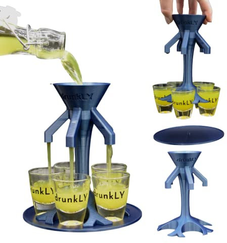 drunkLY - 5er Shot Tower, mit Gläsern und Teller, Geschenk - Bar Butler - Ausgiesser - Einschenker - Getränkeverteiler (7-teiliges Set, Perlblau)
