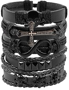 MILAKOO 5 Stück Herren Lederarmband Punk Goth Kunstleder Nieten Unendlichkeit Armbänder Schwarz Männer Geflochtens Armband