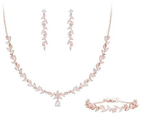 Clearine Hochzeit Schmuck-Set für Braut Brautjungfer, Marquise Cubic Zirkonia Blatt Cluster Anhänger Halskette durchbohrt Dnagle Ohrringe Set klar Rose Gold-Tone