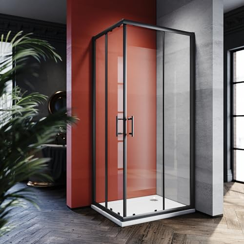 SONNI Duschtür ohne duschtasse, Eckeinstieg 70x80cm Schwarz Duschkabine Sicherheitsglas Schiebetür Eckdusche Duschabtrennung