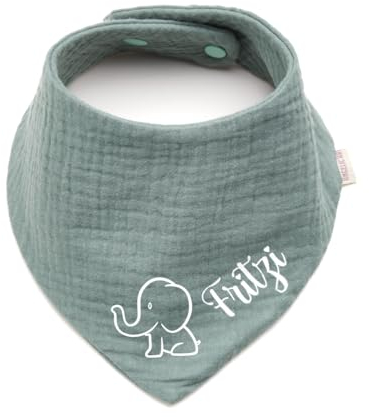 Personalisiertes Dreieckshalstuch aus Baumwolle/Musselin | Elefant mit Namen | Halstuch für Jungen, Mädchen | Viele Farben (Dunkelmint)