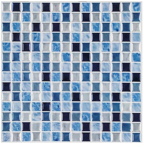 Alwayspon 10 Sheet 12''x12inch Blue 3D Vinyl Wall Tile Sticker Transfers, Peel and Stick Self-adhesive Waterproof Splashback Stick on Tile Decals for Kitchen Bathroom Wall