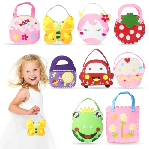 OPUHOHR 9 Stück DIY Nähset, Bastelsets aus Filz, Kinder Filz Bastelsets, Nähsets Kinderspielzeug Nähen Filztasche Handtasche DIY Handwerk Geschenk für Weihnachten Mädchen