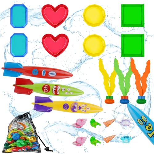 OSDUE Tauchringe für Kinder, Tauchen Spielzeug Unterwasser Tauchringe, Stöcke Algenspielzeug Tauchtorpedo zum Schwimmen Poolparty Geschenk für Kinder Jungen Mädchen mit 1*Tasche