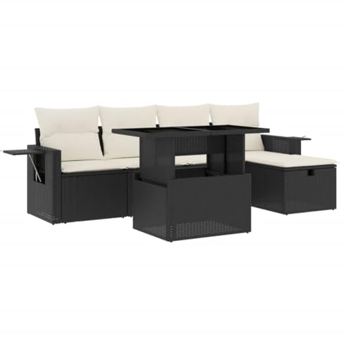 vidaXL Garten Sofa Garnitur 6-TLG., Gartenmöbel Set mit Kissen Modular, Lounge Sitzgruppe für Garten Terrasse, Gartentisch Verstellbare Tischplatte, Schwarz Poly Rattan