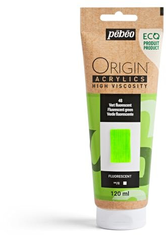 Pebeo - Origin Acrylics 120 ml - Pintura Acrílica Ecodiseñada - Alta Viscosidad - Acabado Fluorescente - Ligante 100% Reciclado - 96% Materias Primas Europeas - Verde Fluorescente