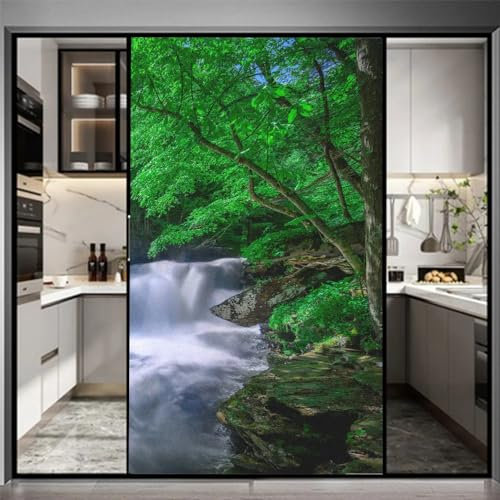 Waldbach Fensterfolie Blickdicht Sichtschutzfolie, Milchglasfolie Statisch Haftend ohne Klebstoff Folie Fenster Anti-UV für Zuhause Büro Matt, 50x200cm