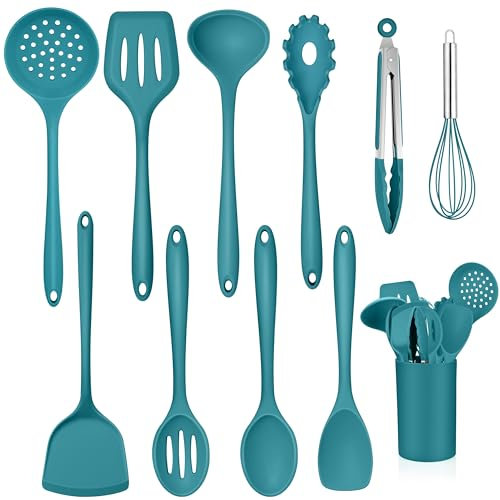TEAMFAR Utensilios de Cocina de Silicona, 11 Unidades, antiadherentes, Juego de Utensilios de Cocina con Soporte para Utensilios, Cubiertos de Cocina Resistentes al Calor, Utensilios de Cocina para