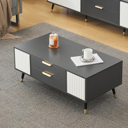 Merax Couchtisch mit Stauraum, Moderner Wohnzimmertisch mit 2 Schubladen & 2 Türen, Beistelltisch für Wohnzimmer, rechteckiger Kaffeetisch Sofatisch, Niedriger Tisch für Büro, 100x50x40cm, Grau&Weiß