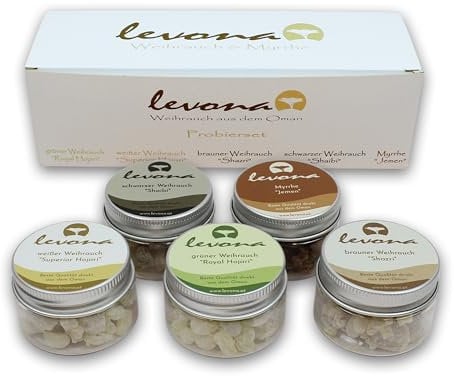 Levona Weihrauch & Myrrhe aus Oman [5er Set] - Grün, Weiß, Braun, Schwarz & Myrrhe - Räucherharz des Boswellia Sacra