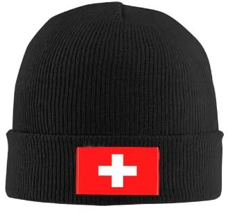 TIOYREVENO Strickmütze für den Winter, mit Schweizer Flagge, mehrere Farben, für Damen und Herren, Beanies, Slouchy-Beanies, warme Mützen für Dickes, kaltes Wetter, Schwarz, Einheitsgröße
