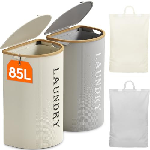 Lifewit 170L Wäschekorb mit Deckel, 2er Pack, Großer Wäschesammler mit 2 Fächern und 2 abnehmbaren Wäschesäcken, Faltbare Wäschekörbe für Waschküche, Schlafzimmer, Weiß und Silbergrau
