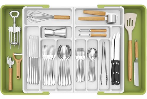 Lifewit Große Besteckkasten für Schubladen, Kunststoff Einstellbar 11-13 Fächern Besteckeinsatz 54-91CM Küchenutensilien Schubladen Organizer Küche Besteckkorb für Backen/Messer/Gabel, Grün und weiß
