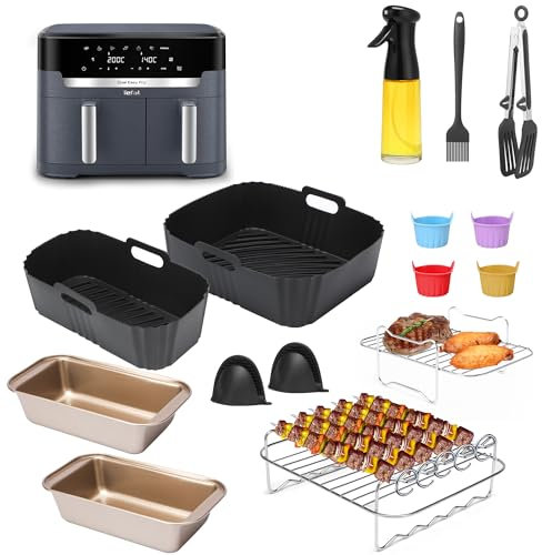Heißluftfritteuse Zubehör für Tefal Dual Easy Fry XXL 11L(6,5L+4,5L), Airfryer Zubehör für Tefal Dual Heißluftfritteuse EY942B,Inkl. Silikon-Backform, Grillrost, Ölsprühflasche, Zange +15 Zubehörteile