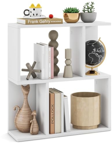 COSTWAY Libreria a 2 Cubi Forma di S, Libreria Bassa Scaffale in Legno,Design Moderna Salvaspazio Piccola da Terra, per Soggiorno, Studio e Ufficio, 50 x 17,5 x 55,5 cm, Bianca