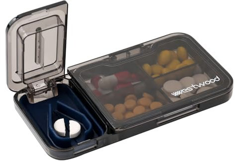 Tablettenteiler,tablettenteiler für alle tabletten,Tragbarer Tablet-Cutter mit Aufbewahrungsfach und scharfen Klingen,Bequem zu tragen. (Grau)