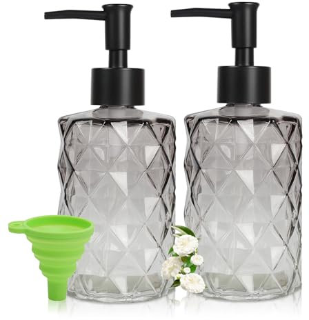 2 Glas Seifenspender Schwarz mit Trichter, 11oz Flüssigseifenspender mit Kunststoff Pumpkopf, Nachfüllbarer Seifenspender für Küche Badezimmer, Pumpflasche, Spülmittelspender, Duschgel Shampoo Spender
