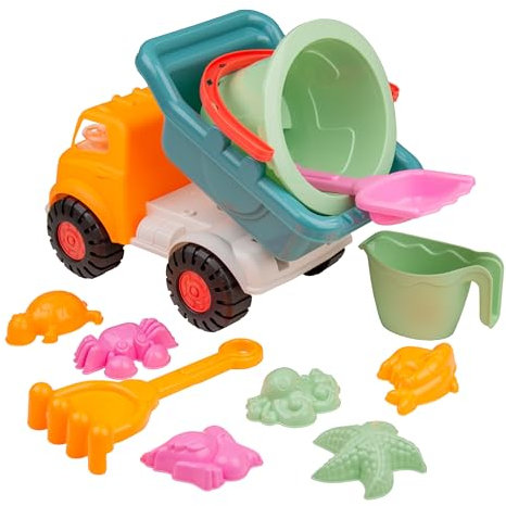 Activo Sand Truck & Accessories Set – 11-Piece Beach Toy Collection with Sea Creature Molds, Pickup Truck, Bucket, Spade, Rake & Water Jug for Creative Outdoor Play, Ideal for Toddlers 18+ Months