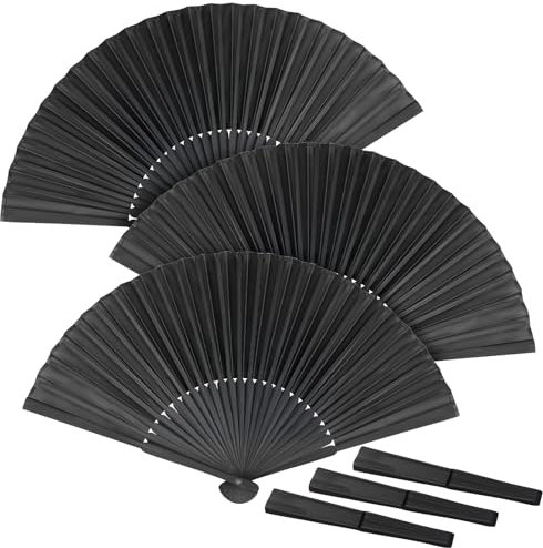 SCROLIEY 3 Pack Black Folding Hand Fan, Silk Fabric Hand Fans Folding Hand Fan Handheld Chinese Fan for Wall Decoration Wedding Performance Dancing