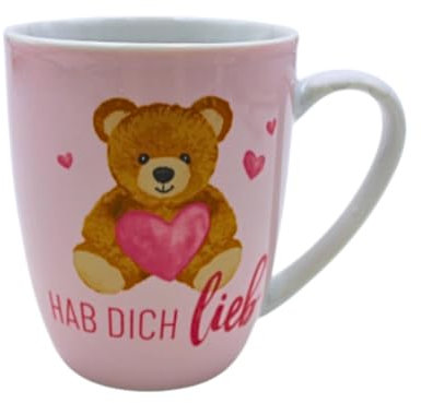 Porzellanbecher, Kaffeetasse, Tasse Mama Geschenk, Trinkbecher, Kaffeebecher, Henkeltasse, Motiv: Teddybär, Hab dich lieb, Spülmaschinengeeignet in rosa, 250 ml, Maße L/B/H 12 x 8 x 10 cm.