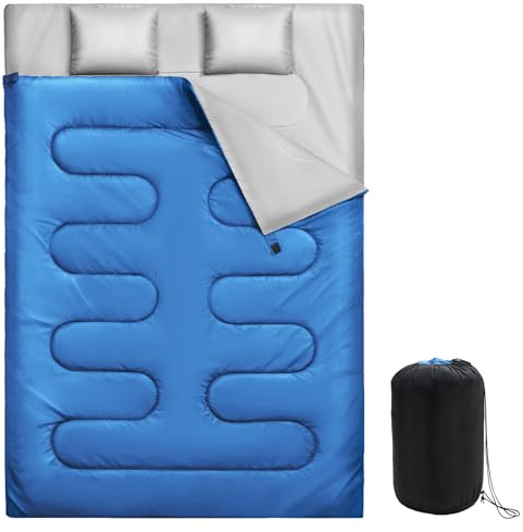 Warmiehomy Double Sleeping Bags for Adults with 2 Pillows, 300 GSM King Size Sleeping Bag, Waterproof XL 3 Season Sleeping Bag with Carrying Bag for Indoor & Outdoor Use, Warm Camping Quilt(Blue)