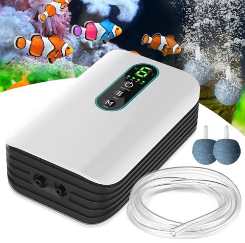 LEKEFETO Pompe à air pour aquarium rechargeable avec 2 sorties pour la pêche en plein air et les pannes de courant, débit réglable de 1,5 l/min, ultra silencieuse, batterie au lithium 2600 mAh, 2