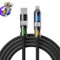 YCYATS Vollstern Câble de charge 4 en 1, charge super rapide 240 W – Alliage de zinc, câble en silicone de 6 mm, USB-A/USB-C/Lightning, éclairage LED RVB, résistant à l'abrasion et à la flexion (noir)