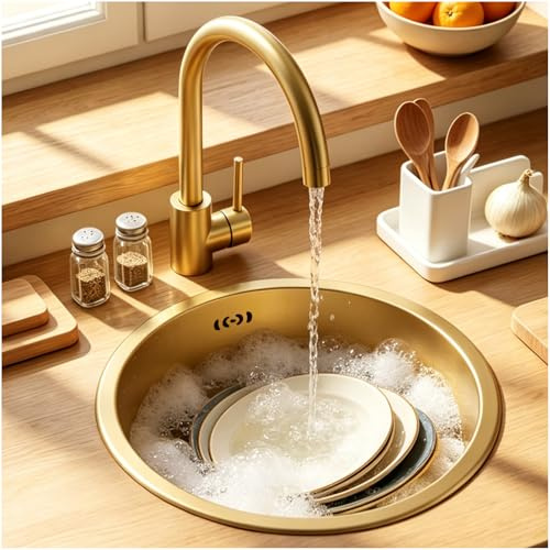 OMGMTSTORE 40x40 cm Fregadero de cocina de acero inoxidable, Fregadero redondo cepillado, Fregadero empotrable pequeño, Fregadero de montaje inferior/superior con filtro de drenaje, 1 lavabo sin