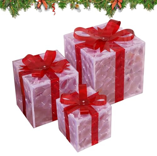 Christmas Box Dekoration, Weihnachtsdeko Mit Licht Für Innen Und Außen, 3-TLG Deko-Set Für Garten Balkon Wohnzimmer Schlafzimmer