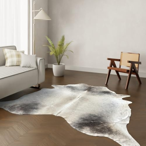 Wildlife Design Kuhfell Teppich – Grau-Schwarz. Großes Format 220×200 cm Premium Naturfell, nachhaltig & tierfreundlich + GRATIS Lederuntersetzer