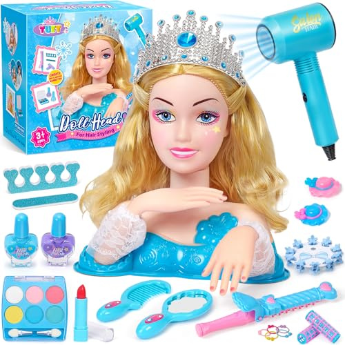 vamei Tête à Coiffer Enfant 3-8 Ans avec Sèche-Cheveux & Maquillage, Têtes à Coiffer pour Fille avec 20+ Accessoires de Coiffure, Jouet Fille Salon de Beauté, Cadeau Anniversaire pour Jeu de Rôle