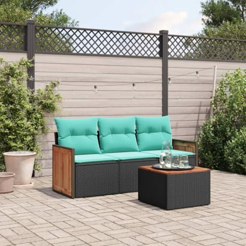 Hoopleep 4-teiliges Gartensofa-Set, schwarzes Polyrattan, Bequeme Blaue Kissen, modularer Outdoor Lounger für Terrasse und Gartenmöbel