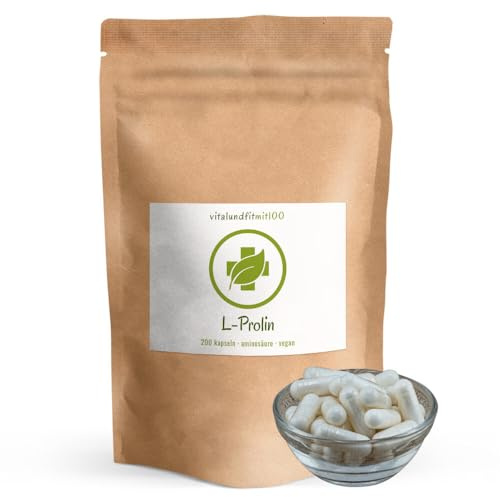 vitalundfitmit100 L-Prolin 200 Kapseln, 1000 mg Tagesportion, vegan aus Fermentation