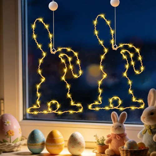 2PCS Osterdeko LED Fenster Licht, Osterdeko LED Hase Fens-terdeko mit Timer & Saugnapf, Osterhase Fensterlichter, Osterde-ko Fen-ster Licht, Oster-deko Fenste-rbeleuchtung, für Innen Außen Deko