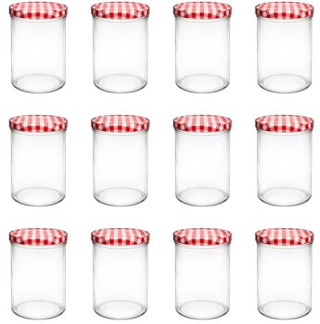 Vitrea 12x Einmachgläser 435 ml - mit Deckel Rot Kariert TO 82 - leere Gläser zum befüllen mit Schraubdeckel - Sturzgläser, Schraubgläser, Marmeladengläser Set - 12 Stück