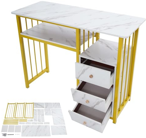 ROGONPDK Nageltisch, Manikürtisch mit Marmoroptik und 3 Schubladen 100 × 40 × 76 cm, Nagelschreibtisch, Kleiner Arbeitstisch, Maniküre-Tisch, Computertisch, Schreibtisch, für Nagelstudios