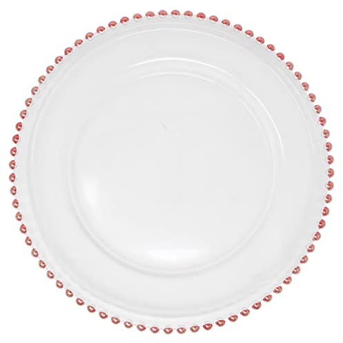Ms Lovely Clear Glass Charger 12.6 Inch Dinner Plate With Beaded Rim - Set of 4 - Metallic Pink