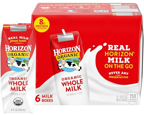 Horizon Organic Shelf Stable Whole Milk Boxes, 8 fl oz, 6 Count - 8g Protein per Serving, USDA Organic UHT from Pasture-Raised Cows, Ready to Drink for Lunchbox, Travel, or On-the-Go, No Refrigeration Needed