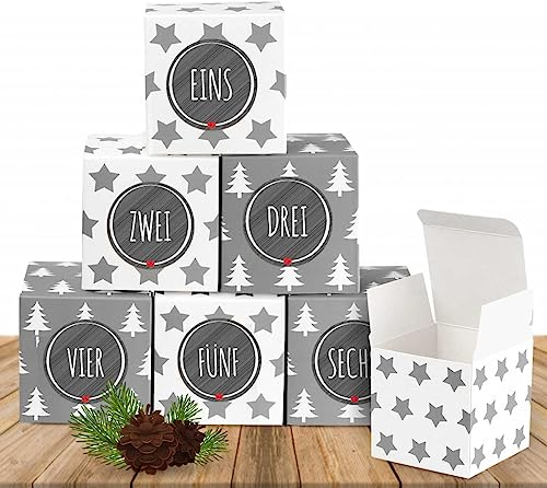 Anstore 24 weihnachtliche Adventswürfel mit 24 Zahlenaufklebern für einen DIY Adventskalender zum Basteln und Befüllen, 24 Schachteln