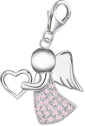 Goldene Hufeisen Schutzengel Herz Karabiner Charm Anhänger für Bettelarmband oder Charmkette Charmträger Silber 925 mit Zirkonia (Rosa)