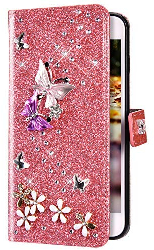 Uposao Kompatibel mit Samsung Galaxy A5 2016 Hülle Schmetterling Blume Diamant Strass Bling Glitzer Handy Hülle Leder Wallet Schutzhülle Brieftasche Hülle Klapphülle Tasche Kartenfächer,Rosa