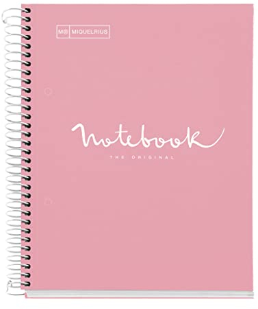 Miquelrius - Notizbuch A5 Notebook Emotions, 120 Blatt 90 g/m², Raster 5 x 5 mm, 5 Farbige Streifen, Mikroperforierte Spirale, Extra fester Einband, 2 Löcher, Farbe Rosa